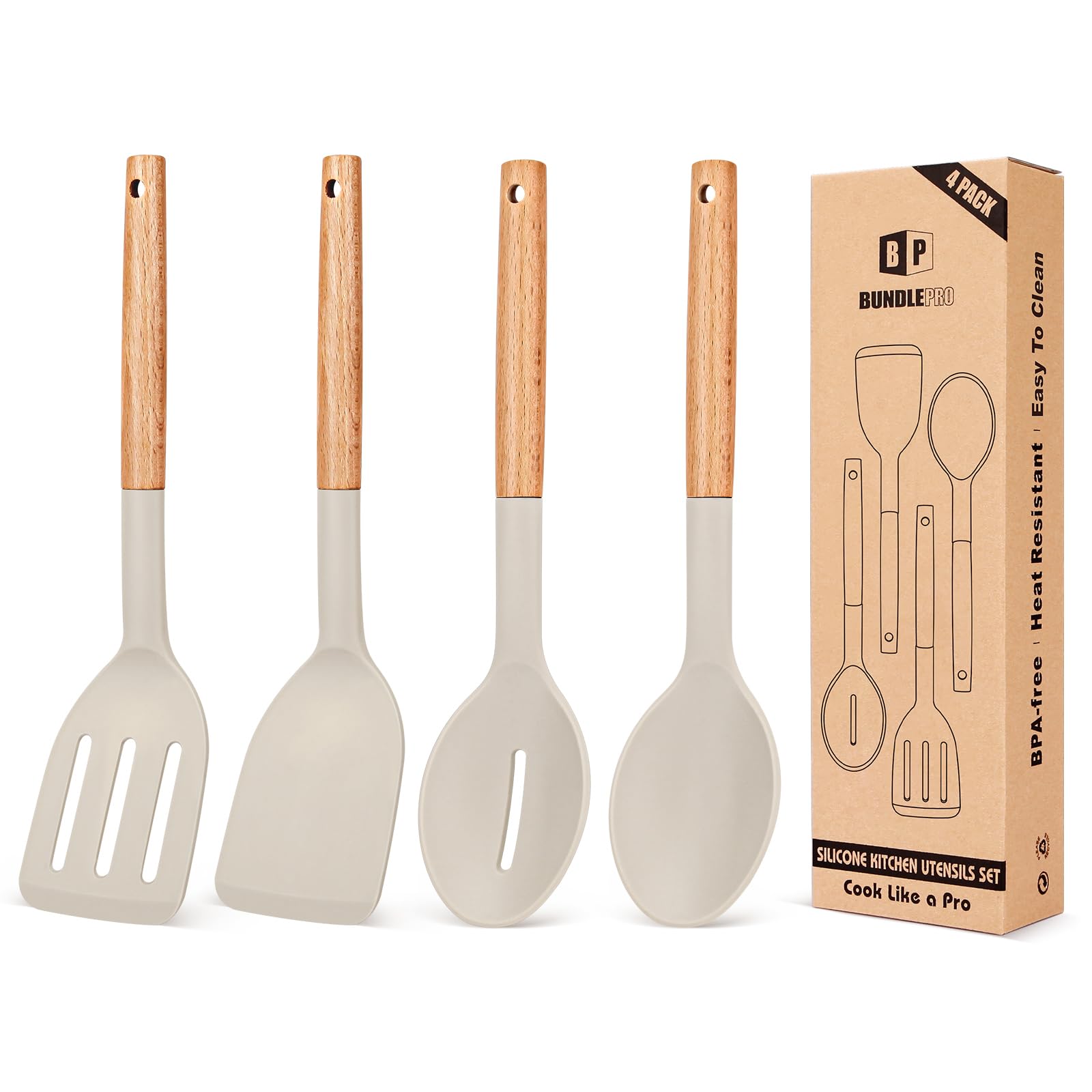 Pack of 4 Silicone Cooking Utensils Set, Non Stick Solid Spatulas and Heat Resistant Slotted Spoons with Wooden Handle, Ideal Wood Kitchen Utensils Set for Frying,Serving,Turning,Stirring (KHAKI)