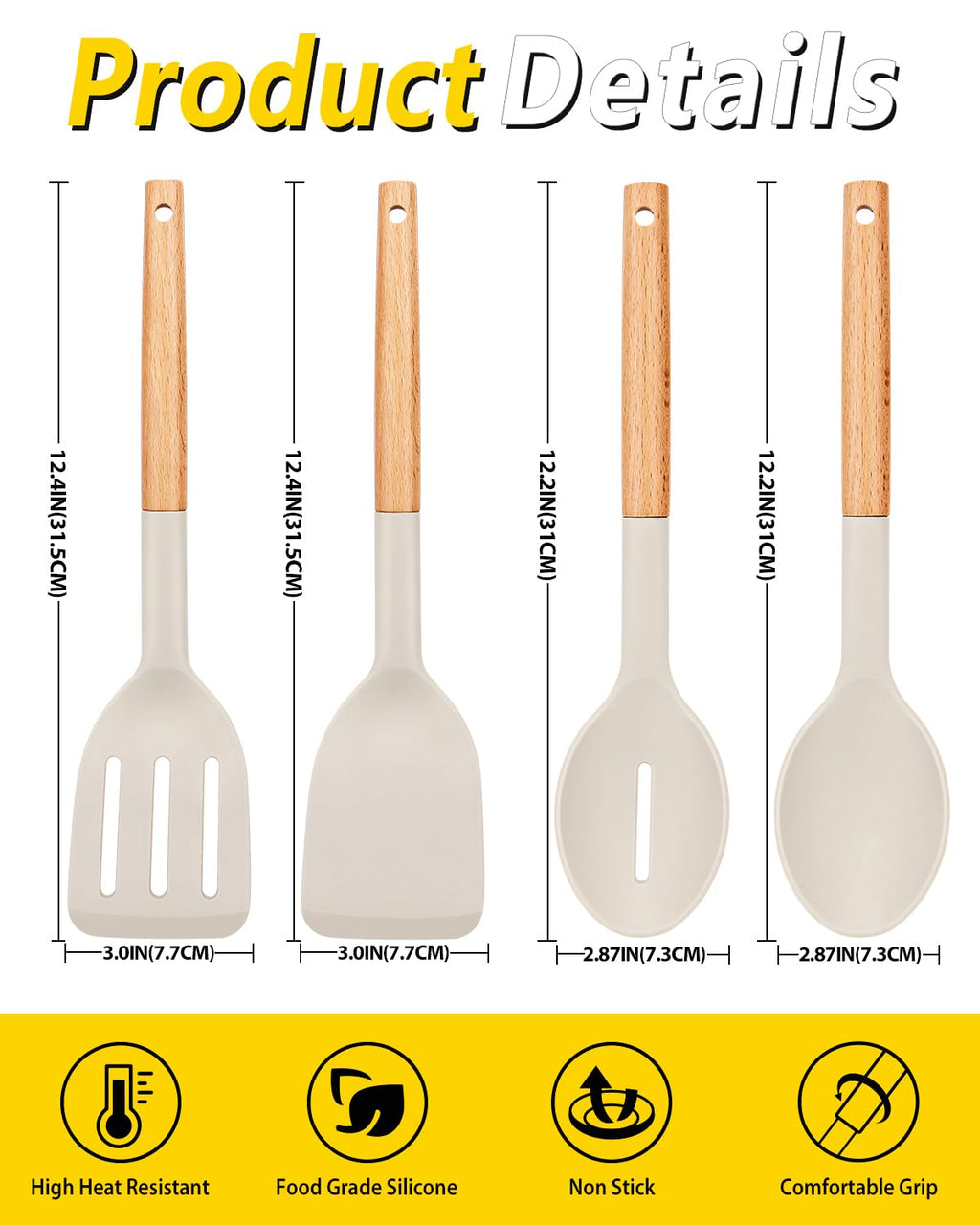 Pack of 4 Silicone Cooking Utensils Set, Non Stick Solid Spatulas and Heat Resistant Slotted Spoons with Wooden Handle, Ideal Wood Kitchen Utensils Set for Frying,Serving,Turning,Stirring (KHAKI)