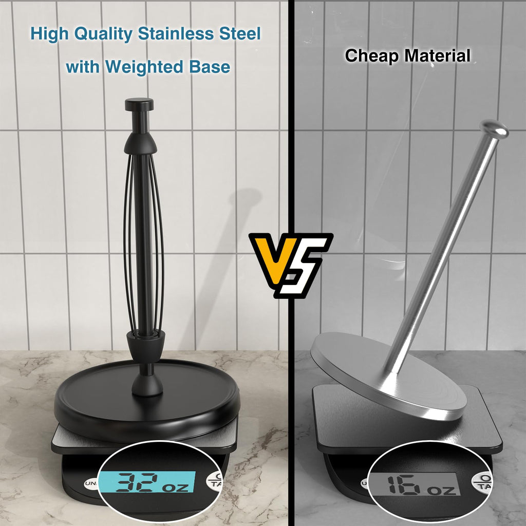 Paper Towel Holder Countertop, One-Handed Tear, Stainless Steel, Weighted Base, Black, Paper Towel Roll Holder Stand with Ratchet Mechanism for Kitchen Bathroom Farmhouse Essentials Decor Accessories