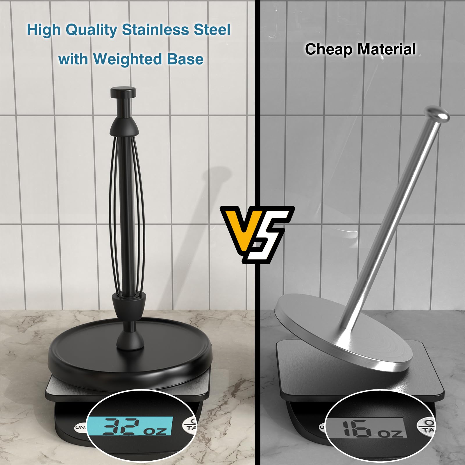 Paper Towel Holder Countertop, One-Handed Tear, Stainless Steel, Weighted Base, Black, Paper Towel Roll Holder Stand with Ratchet Mechanism for Kitchen Bathroom Farmhouse Essentials Decor Accessories