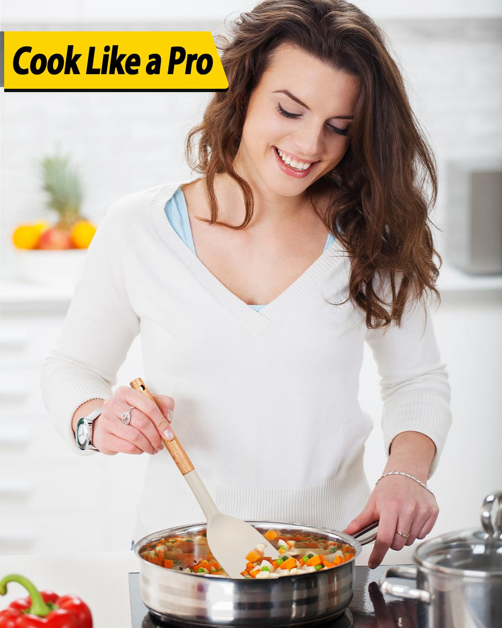 Pack of 4 Silicone Cooking Utensils Set, Non Stick Solid Spatulas and Heat Resistant Slotted Spoons with Wooden Handle, Ideal Wood Kitchen Utensils Set for Frying,Serving,Turning,Stirring (KHAKI)