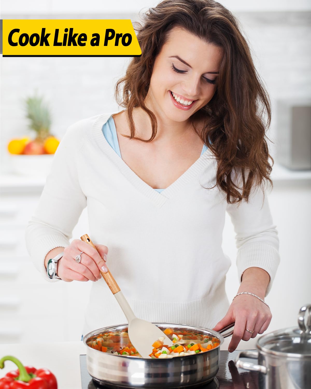 Pack of 4 Silicone Cooking Utensils Set, Non Stick Solid Spatulas and Heat Resistant Slotted Spoons with Wooden Handle, Ideal Wood Kitchen Utensils Set for Frying,Serving,Turning,Stirring (KHAKI)