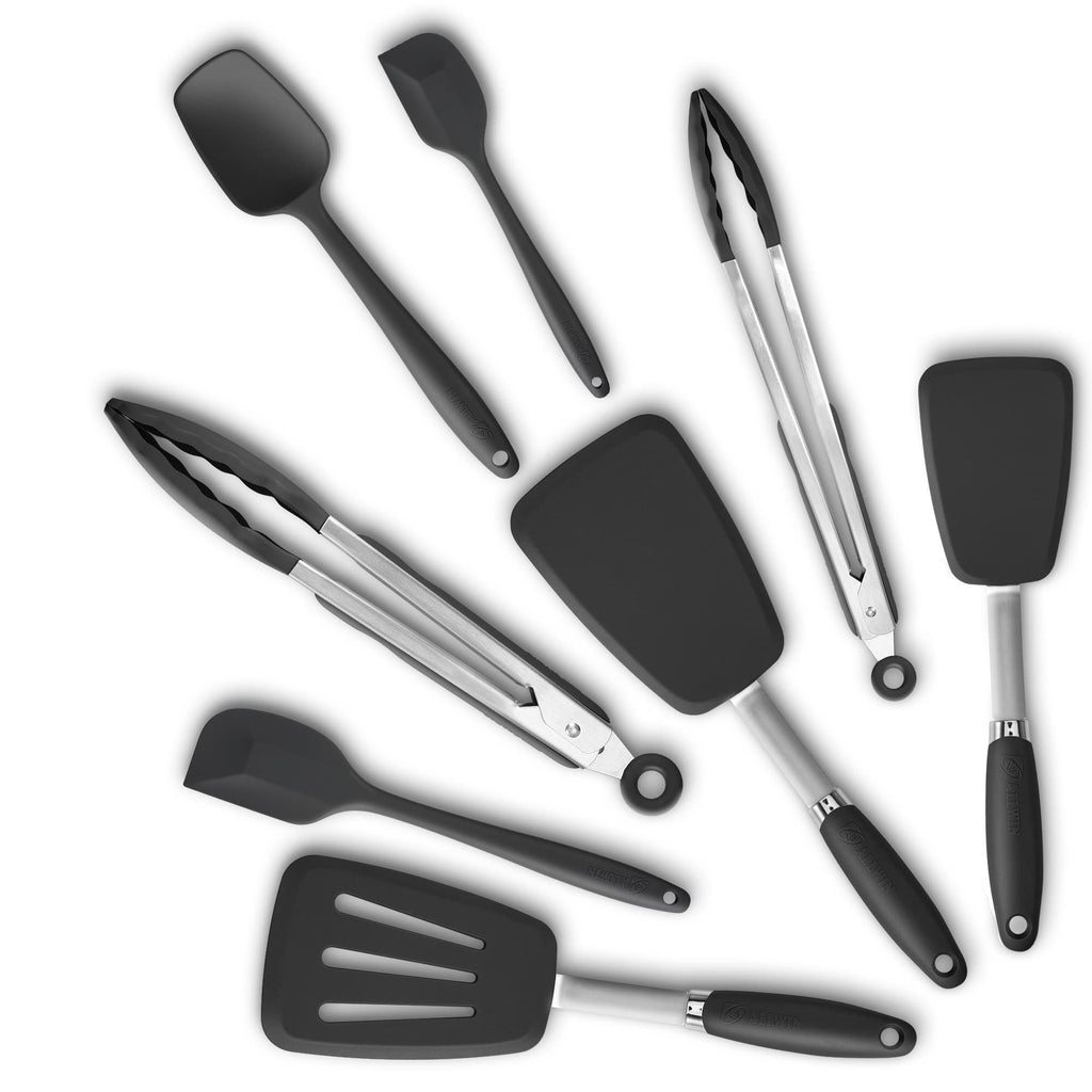 Silicone Spatulas Set Turners Tongs Cooking Utensils Set High Heat Resistant Kitchen Scraper Spatulas for Cooking Mixing Baking BPA Free Dishwasher Safe, Black