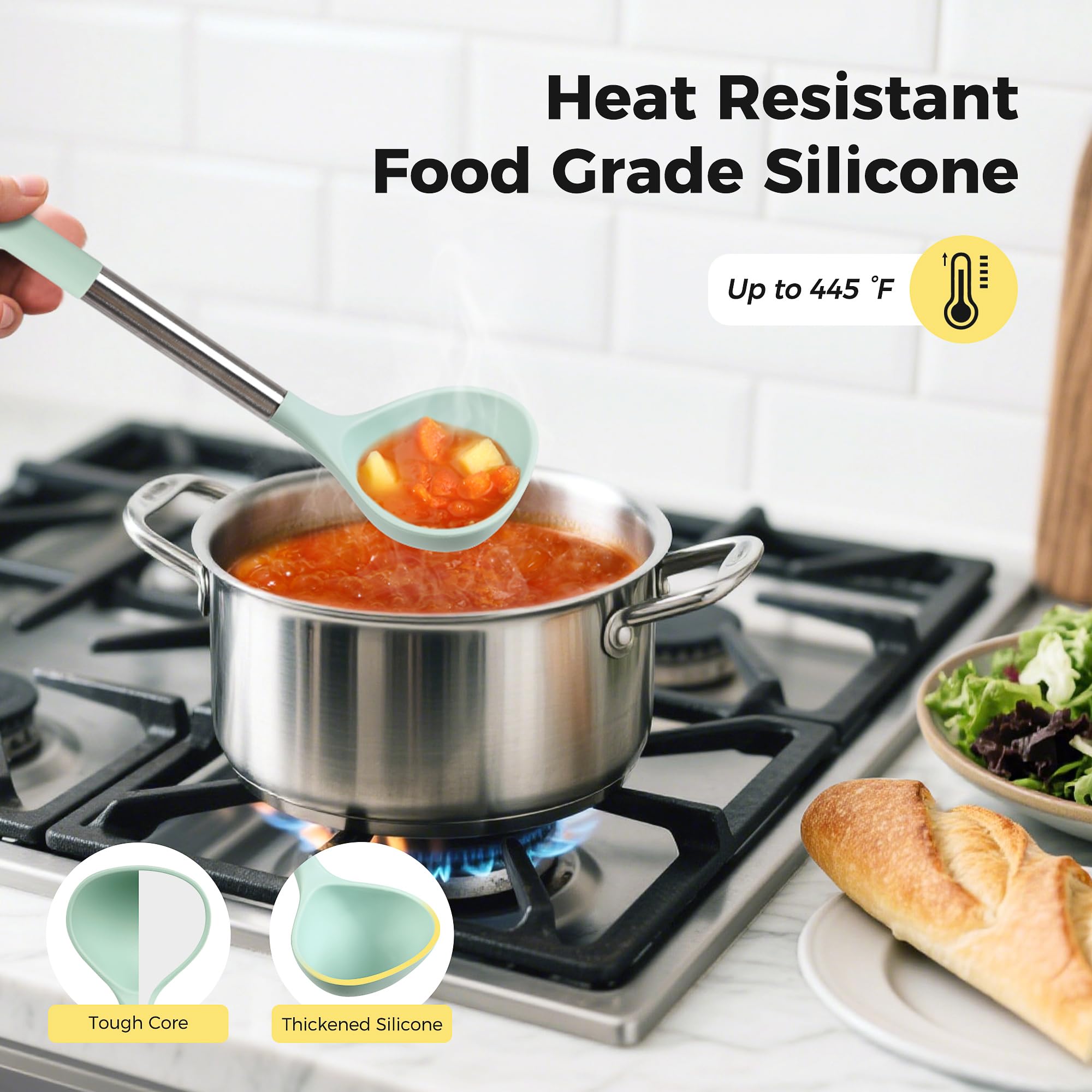 Hvygss 28 Pcs Silicone Cooking Utensils Set with Stainless Steel Handle, 446℉ Heat-Resistant Kitchen Utensils Set with Holder, Dishwasher Washable Silicone Spatula for Non-stick Cookware (Light Green)