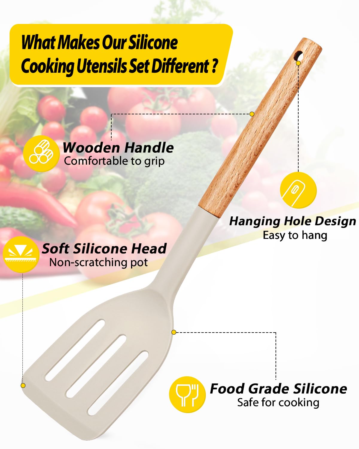 Pack of 4 Silicone Cooking Utensils Set, Non Stick Solid Spatulas and Heat Resistant Slotted Spoons with Wooden Handle, Ideal Wood Kitchen Utensils Set for Frying,Serving,Turning,Stirring (KHAKI)