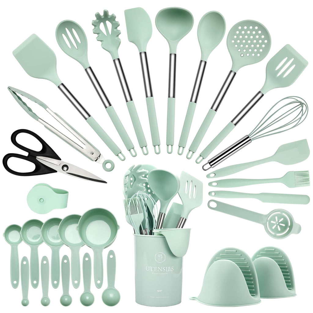 Hvygss 28 Pcs Silicone Cooking Utensils Set with Stainless Steel Handle, 446℉ Heat-Resistant Kitchen Utensils Set with Holder, Dishwasher Washable Silicone Spatula for Non-stick Cookware (Light Green)