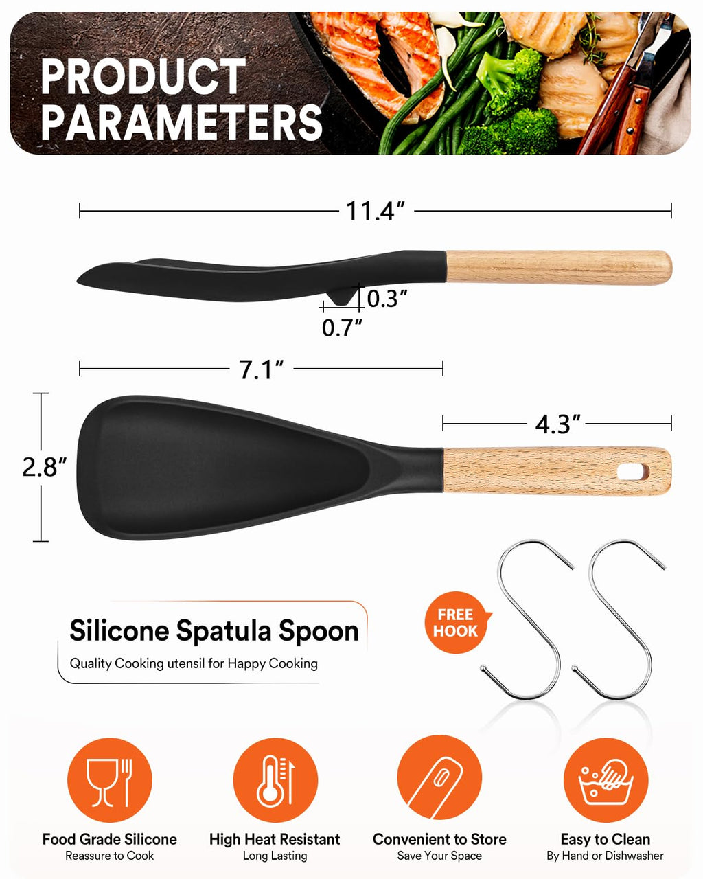 Cooking Spoon for Nonstick Cookwares, Great for Cooking and Serving Sturdy BPA-Free Matte Silicone, Wood Handle Spoon for Mixing, Scoop, and Scrape (Black & Grey, 11.4 inch)