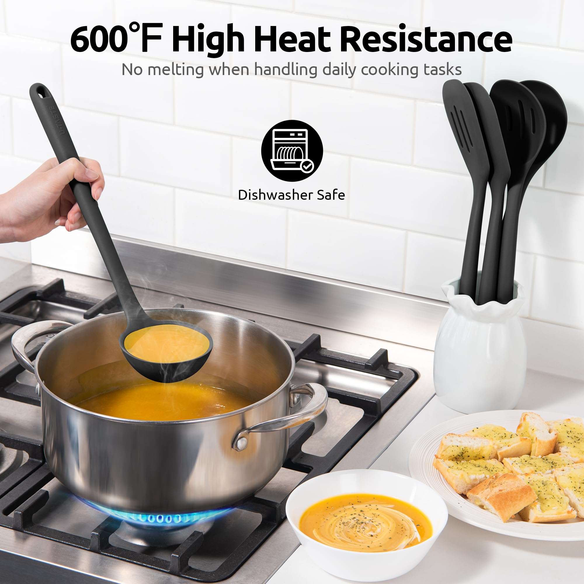 Silicone Kitchen Cooking Utensil Set: U-Taste High Heat Resistant 13.6in Long Kitchen Gadgets, BPA Free Non Stick Rubber Cook Accessories For Stir Frying, Serving, Basting, Mixing (5 Pieces, Black)