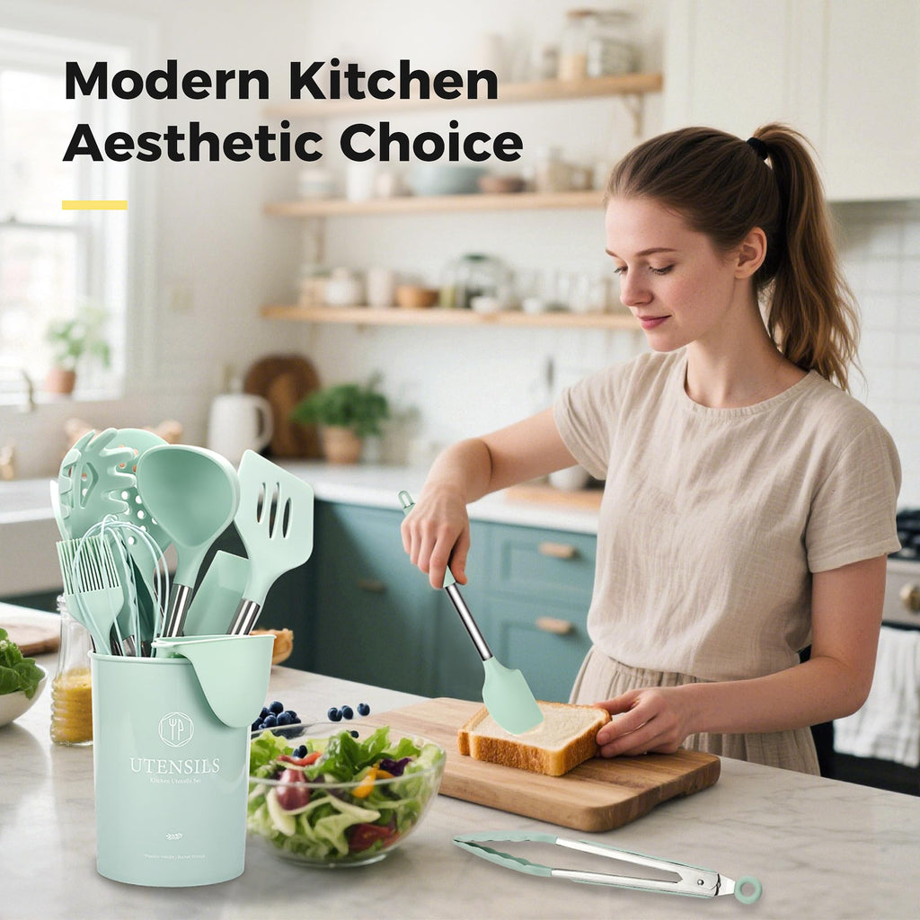 Hvygss 28 Pcs Silicone Cooking Utensils Set with Stainless Steel Handle, 446℉ Heat-Resistant Kitchen Utensils Set with Holder, Dishwasher Washable Silicone Spatula for Non-stick Cookware (Light Green)