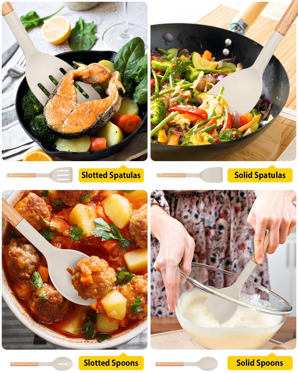 Pack of 4 Silicone Cooking Utensils Set, Non Stick Solid Spatulas and Heat Resistant Slotted Spoons with Wooden Handle, Ideal Wood Kitchen Utensils Set for Frying,Serving,Turning,Stirring (KHAKI)