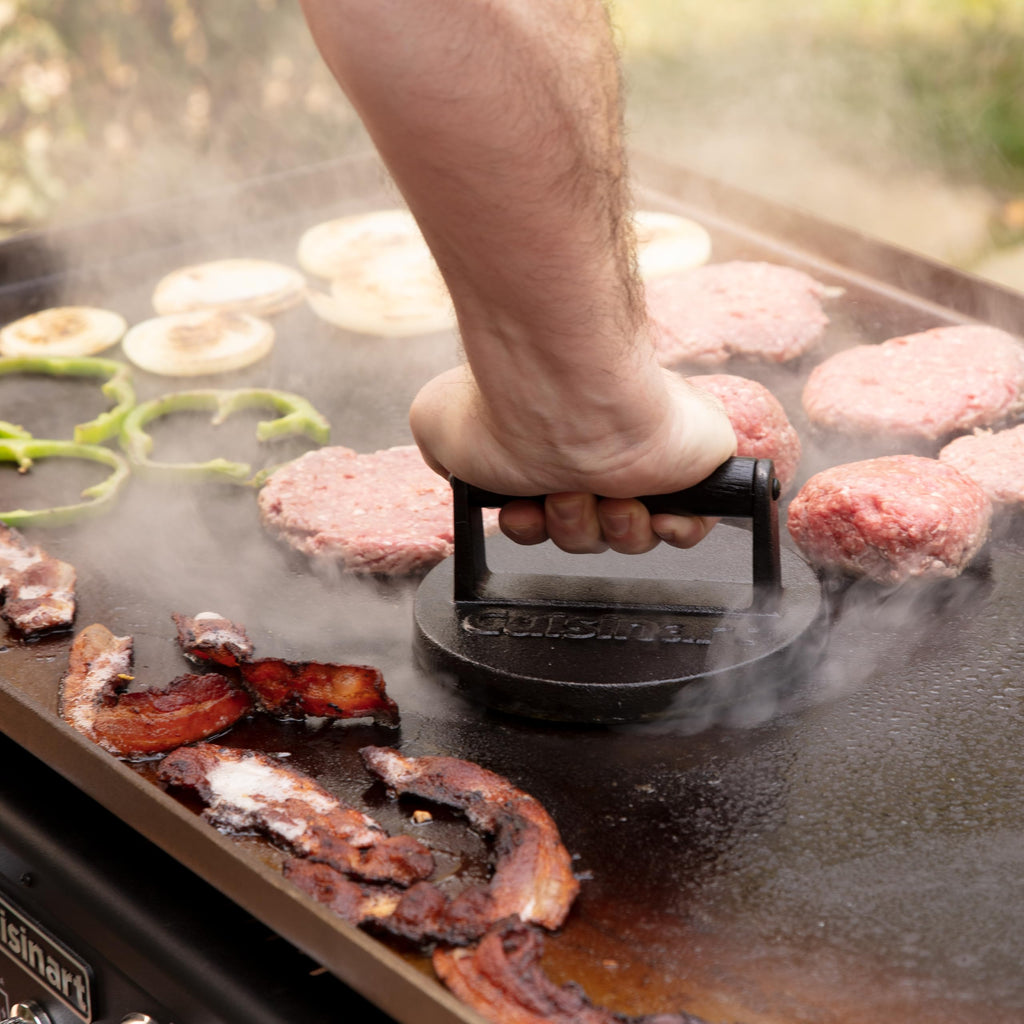 Cuisinart 6.5" Cast Iron Smashed Burger Press, Round Flat Edge Grill Press for Crispy Smash Burgers