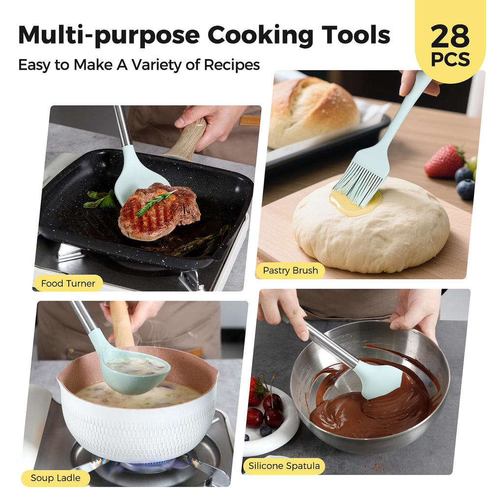 Hvygss 28 Pcs Silicone Cooking Utensils Set with Stainless Steel Handle, 446℉ Heat-Resistant Kitchen Utensils Set with Holder, Dishwasher Washable Silicone Spatula for Non-stick Cookware (Light Green)