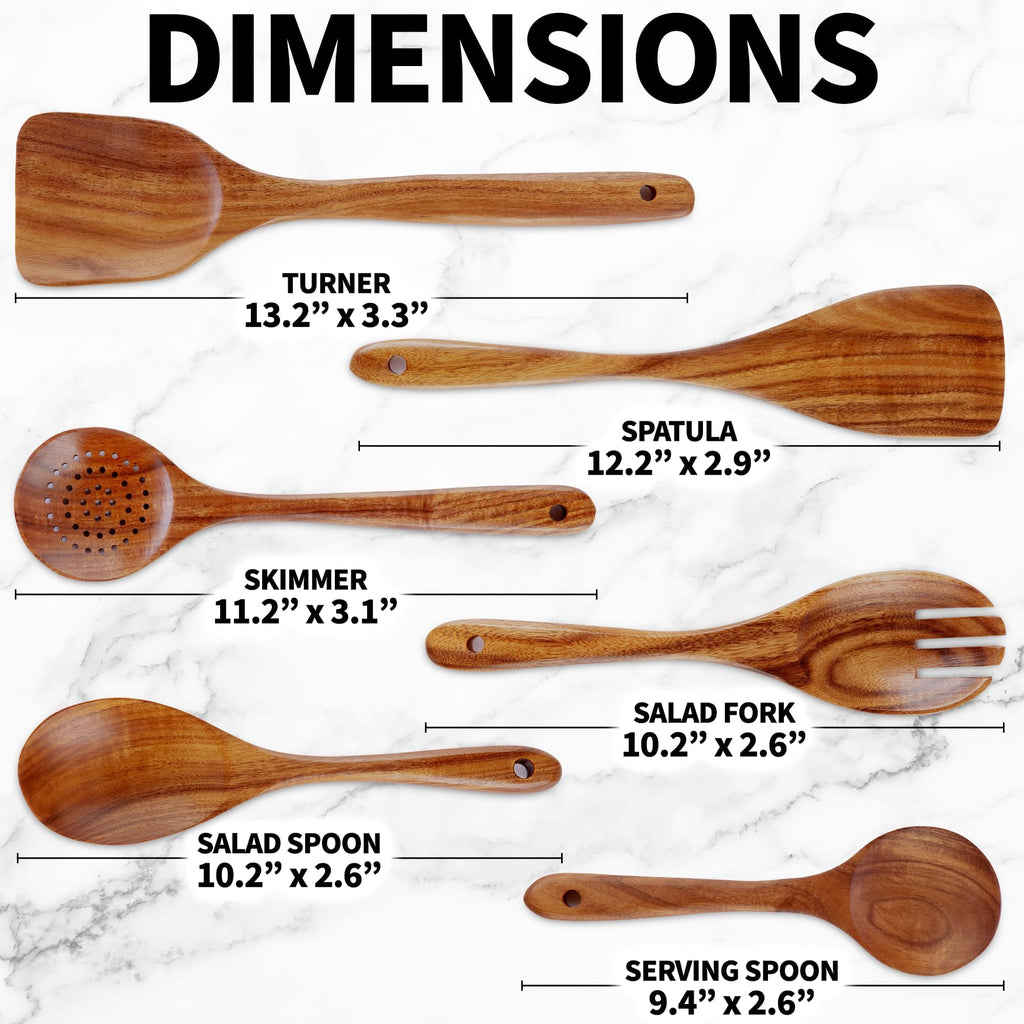 Zulay Kitchen 6-Piece Wooden Spoons for Cooking - Smooth Finish Teak Wood Utensils - Soft Comfort-Grip Cooking Wood Spoons Non-Stick Teak Easy to Clean Utensils Heat Resistant Non-Scratch Spoon Sets