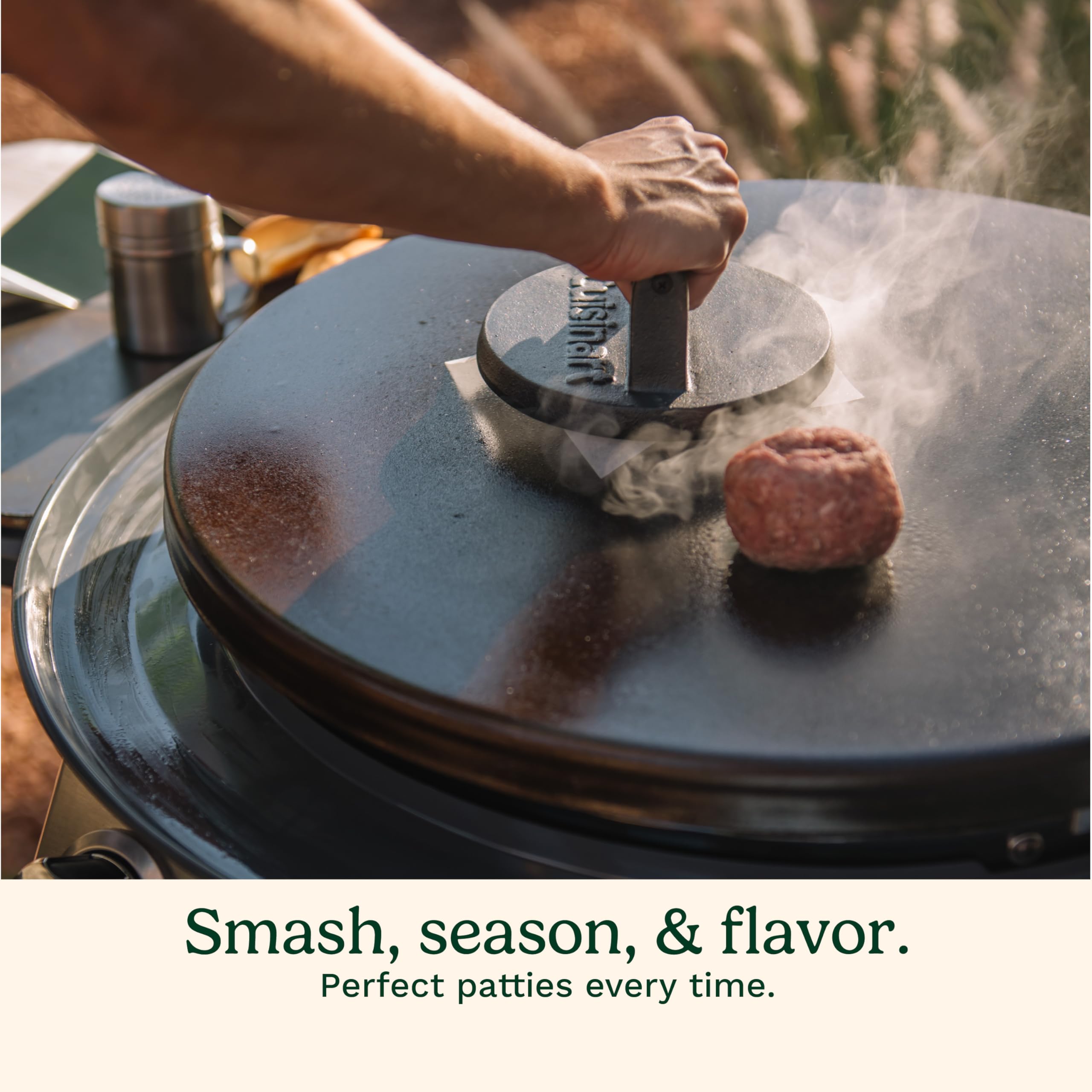 Cuisinart 6.5" Cast Iron Smashed Burger Press, Round Flat Edge Grill Press for Crispy Smash Burgers